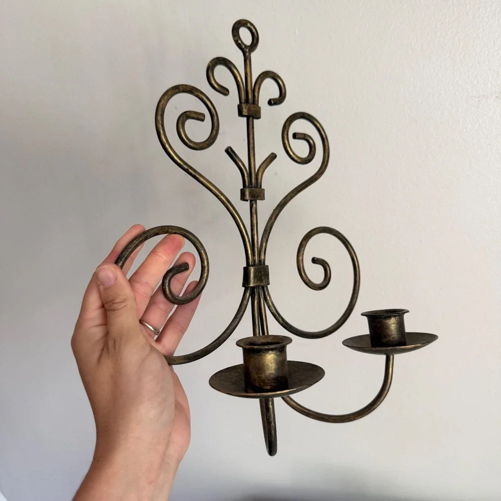 Vintage Metal Scroll Wall Sconce Double Taper Candle Holder Antique Bronze